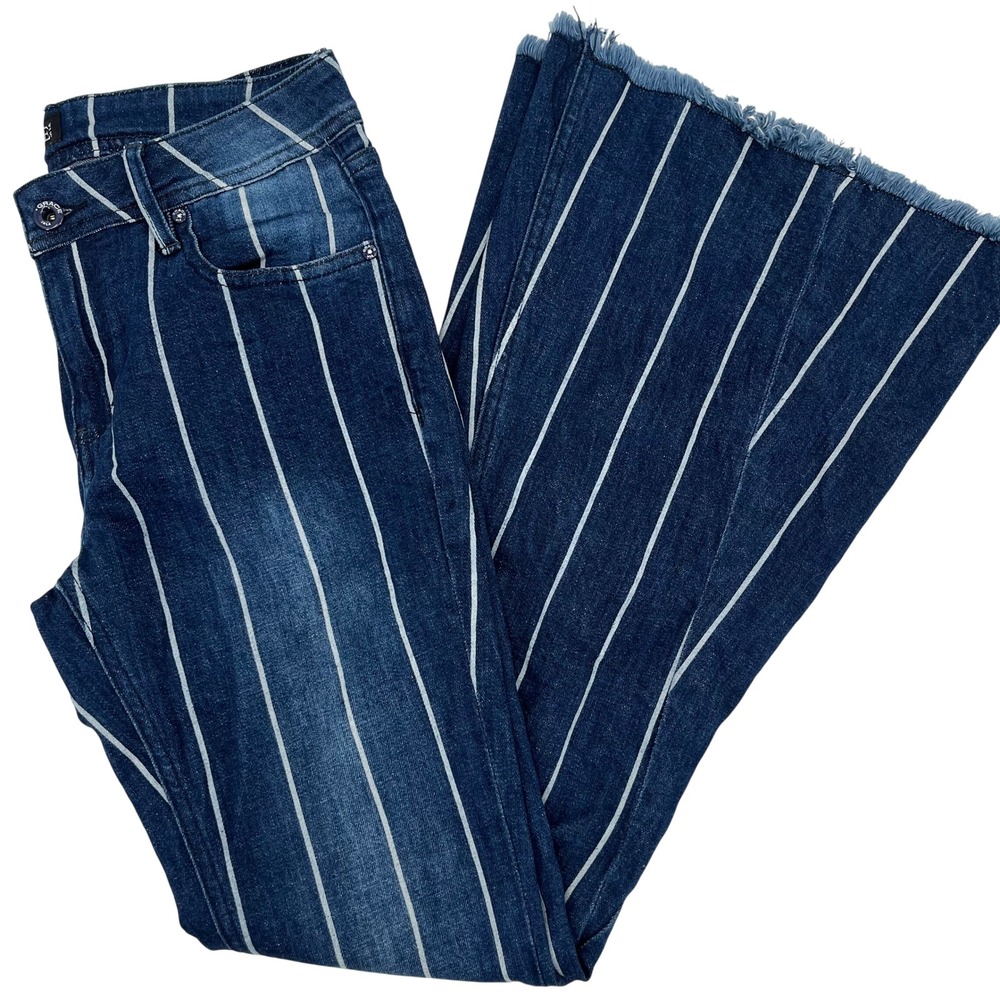 Grace in LA Womens Pinstripe‎ Flare Bell Bottom Jeans Blue Raw Hem Size 27